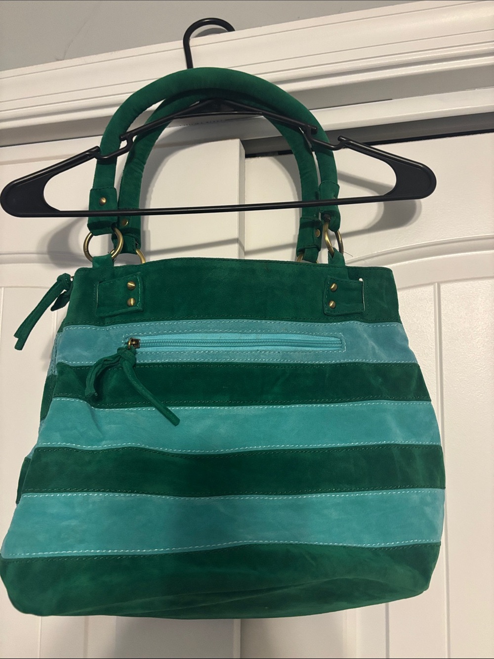 Green & Teal Striped Suede Tote Bag - Picture 2 of 11
